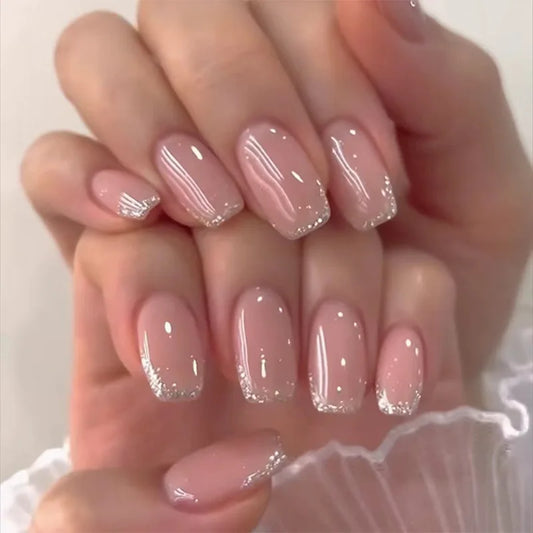 24pcs Shiny Powder Design False Nail Art Gradient Pink Ballet Fake Nails Sets Press on Simple Fashion Short Square Manicure Tips