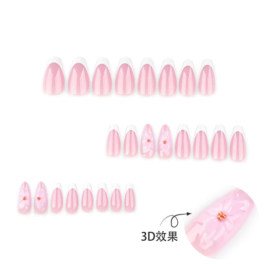 24PCS Pink Glitter French Almond Press on Nails Floral Design with Gold Bead Decor Reusable False Nails Elegant Bridal Manicure