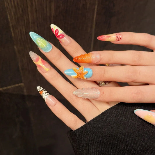 10PCS Handmade Pressed Long Pointed Nails Art, Island Holiday Style, Three-Dimensional Starfish Shell Flowers, Idea For Women.