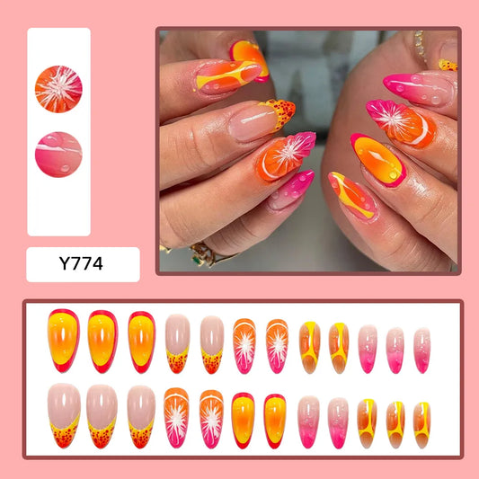 24PCS 3D Fruit Fake Nails with Water Drop Print Pink Orange Yellow Summer Fruit Style Press on Nails Reusable False Nails Daily