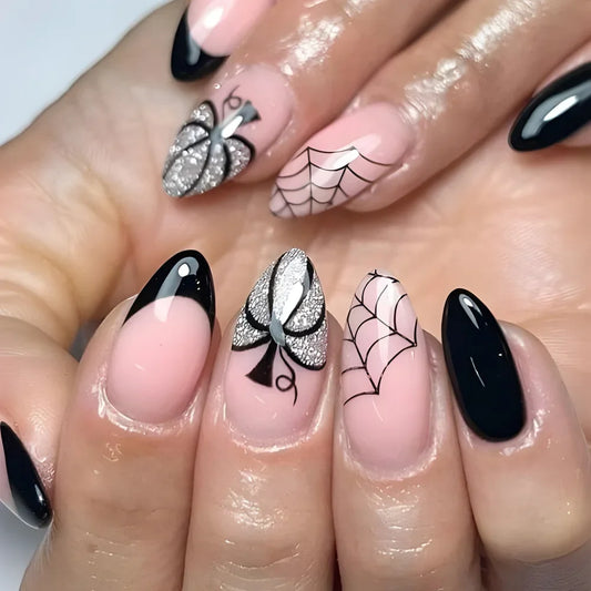 24Pcs short black halloween almond wearable fake nails with red rhinestone design simple nail art full cover nail tips for girls