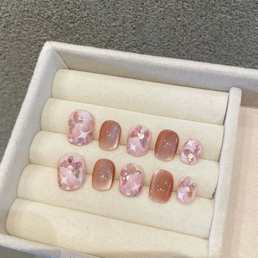 10Pcs Cat's Eye Sequin Press on False Nails Pink Polka Dot Bow Rhinestone Handmade Fake Nail Short Square Reusable Manicure Tips