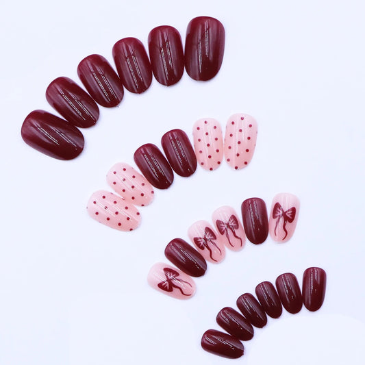 24Pcs/Set Short Almond-Shaped Fake Nails With Bowknot And Small Dot Designs Acrylic Nails Valentine'S Day Fake Nails
