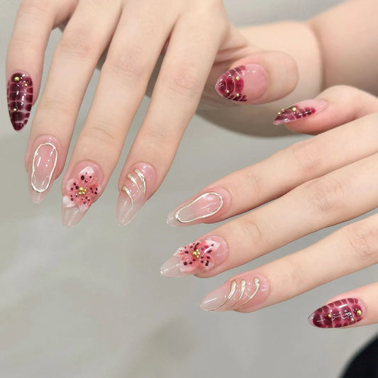 Handmade Press On Nails Almond False Nails 3D Flower Decor Fashion Glitter Nail Art Wearable French Leopard French Fake Nails