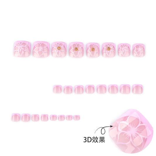 24pcs Classic Pink French Style False Toenails Ice Transparent Flower Printed Press On Toenails Korean Sweet Summer Fake Toenail