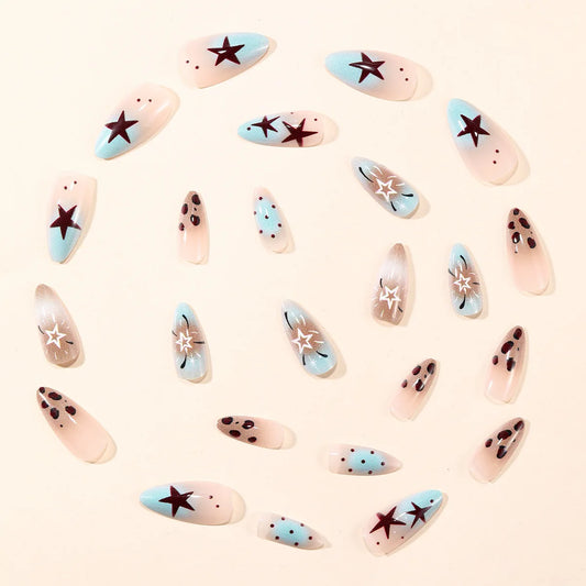 24pcs Gradient Brown Leopard Print Press On Nails Y2k Star Blue French Long Almond False Nails Sweet Cool Spicy Girl Fake Nail