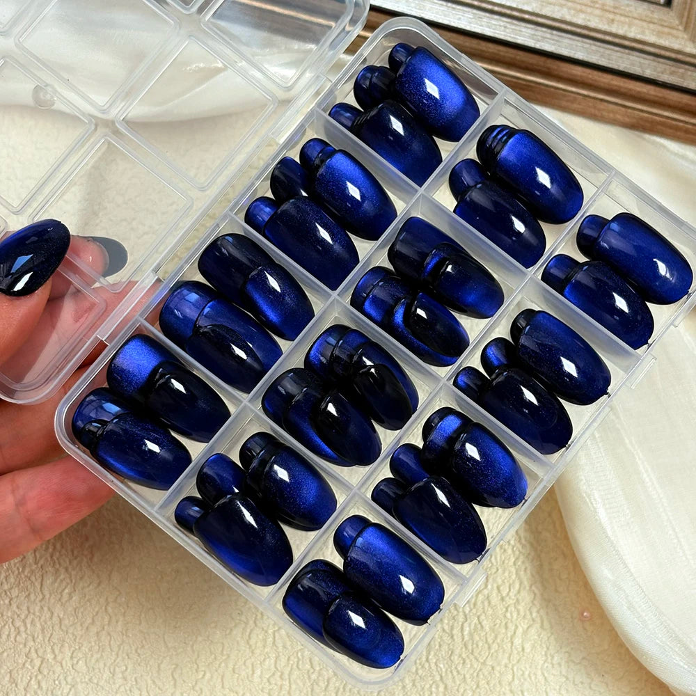 30/144Pcs Glossy Dark Blue Cat Eye False Nails Sparkly Medium Oval Blue Press On Nails Artificial Full Cover Finger Fake Nails