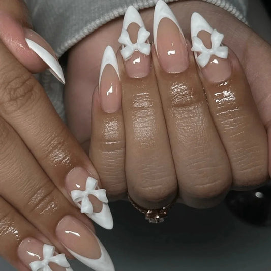 24pcs Rhinestone Pearl Press on Nails Tips Gradient Cat's Eye Long Almond False Nails Silver French Love Design Fake Nail Sets