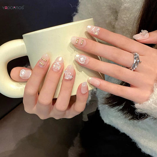 10Pcs Handmade Fake Nails Nude Color Press on Nails Round Head Pearls Heart Bowknot Designs Wearable Manicure False Nails Tips