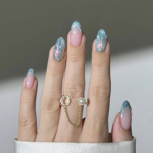 24pcs Finished Oval Fake Nail Art Shell Pattern Mid-length Almond False Nail Glitter Aurora Design Nails French Press on Nails