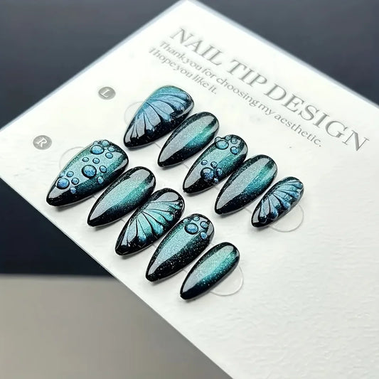 10pcs high-end Dark green cat-eye butterfly handmade fake nails, Dark almond nail cat's eye nail decorative patch