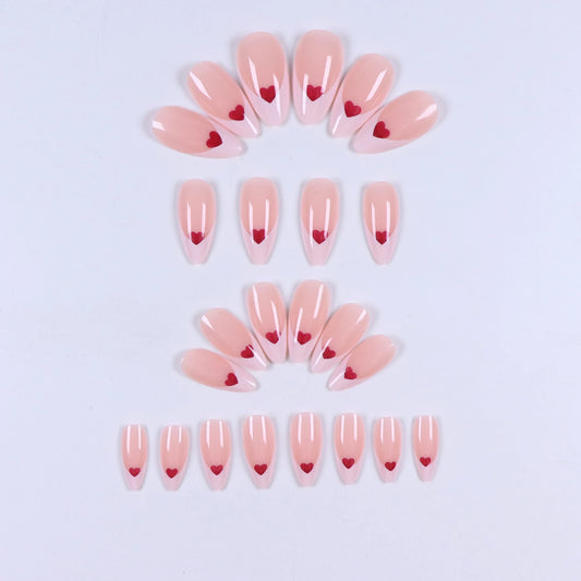 24pcs long Almond hearts pattern Fake nails Detachable And Reusable Jelly Glue 1pc Cuticle Pusher, Suitable For Girls And Women