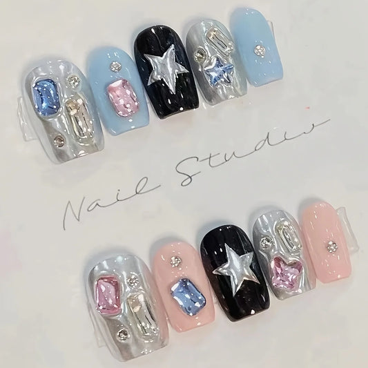 10pcs high-end Spice Girl blue pink jump color cute wind handmade fake nails, Cute style women's nail patch