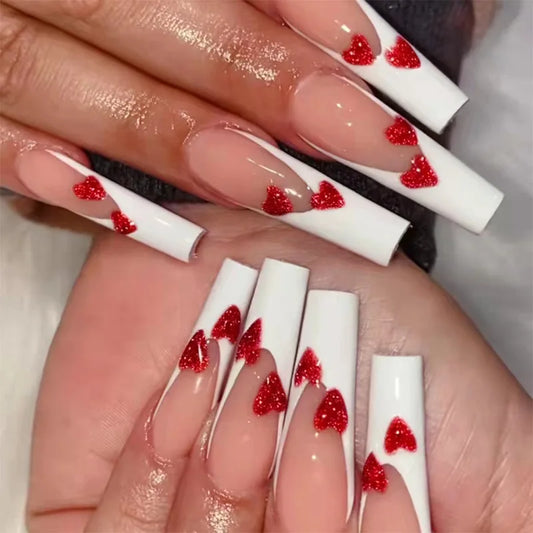 24pcs White French Press on Nails Fashion Rhinestone Long Ballet Nails Sets Simple Flower Design Fake Nail Reusable False Nail