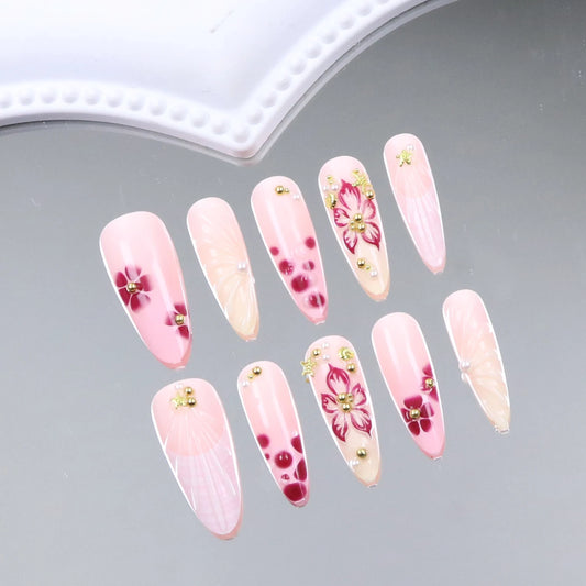 10PCS Press on Nails Medium Almond Fake Nails With 3D Flowers And Golden Charm Design, a Gift for Women And Girls