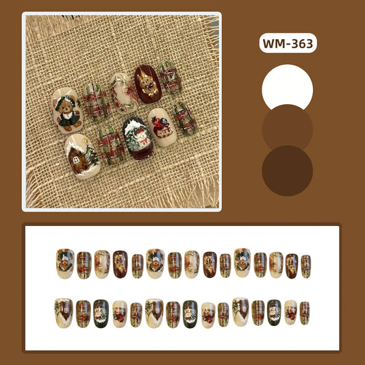 24pcs Khaki Short Oval False Nails Christmas Little Bear Rabbit Snowman Press On Nails Xmas Plaid Cartoon Dessert Fake Nail