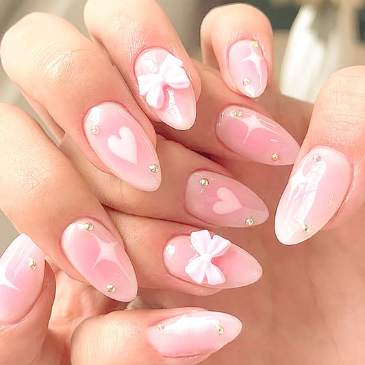 24pcs Fashion Red Press on Nails Sets Valentine's Day Bow Rhinestone Design Short Almond False Nail Reusable Fake Nail Finished