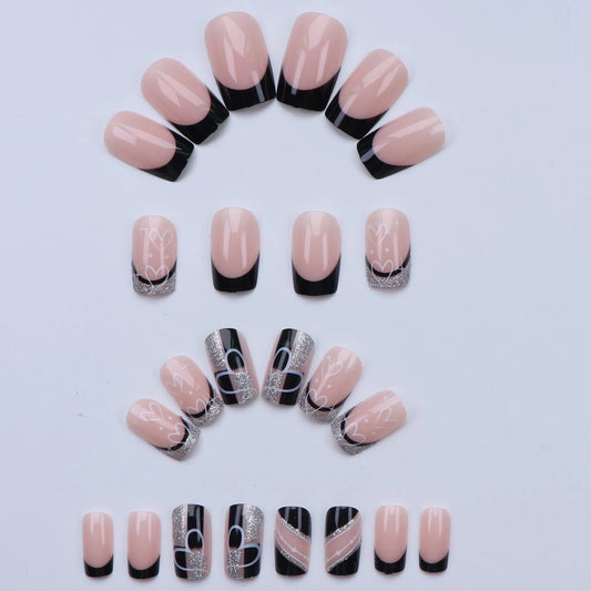 24pcs black Square Silver glitter Fake nails Detachable And Reusable Jelly Glue 1pc Cuticle Pusher Suitable For Girl And Women