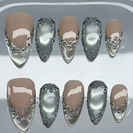 24PCS Silver Cat Eye Nails with Baroque Pattern Design Glossy Almond Gothic Style Reusable False Nails Elegant Edgy Manicure Tip