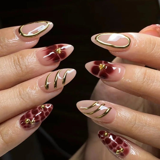 24Pcs Brown Smudge French Full Cover Nails Tips Star Rhinestone Pearl Fake Nails Mid-length Almond Reusable Press on False Nails