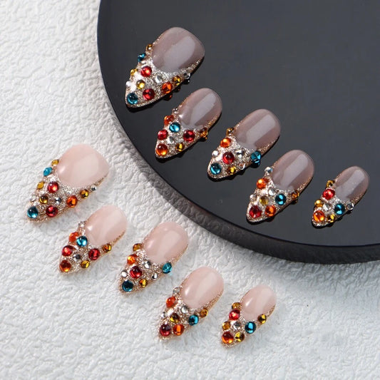 10pcs high-end Light luxury short noble full drill French handmade fake nails, Color diamond short Lady French short
