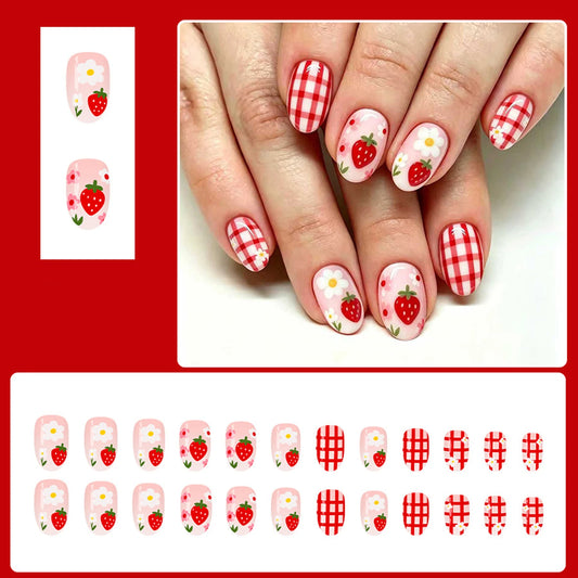 24pcs Red/White Plaid Press On Nails Sweet Strawberry Flower Printed False Nails Glossy Short Almond Detachable Fake Nail Tips