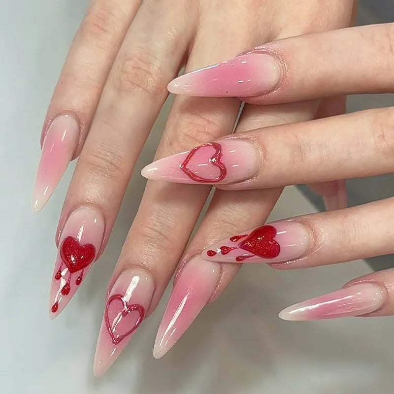 24PCS Red Bow Red False Nails Love Gemstones Stiletto Press on Nails Valentines Day French Tip Design High End Daimond Manicure