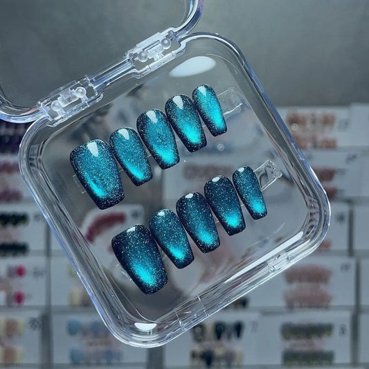 10pcs The OceanCat Eye Reflective Nails,Premium Nails,Faux Nails,Blue Nail/Magnetic Cat Eye Nail,Handmade Nails,