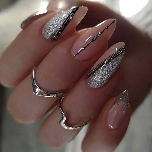 24pcs Pearl Stick on Nail Tips Brown Long Almond False Nail Rhinestone Star Pattern Design Fake Nails Sets French Press on Nails