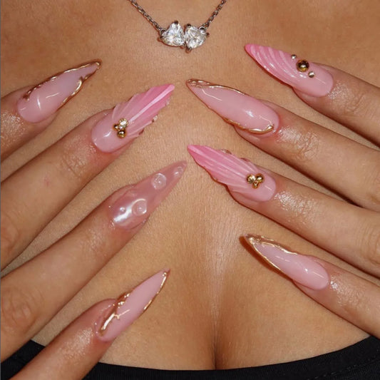 24pcs Leopard Print Almond Press on Nails Sets Flower Blush False Nail Tips Detachable Pearl Rhinestone Design Long Fake Nails