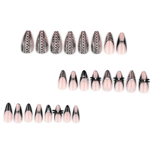 24PCS Gothic Spice Girls False Nails Y2k Black Bowknot Lace French Press on Nails Simple Almond Reusable Fake Nails Fashion Tips
