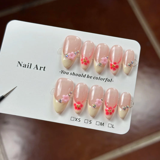 10pcs high-end High-end style, hand-painted three-dimensional carved patterns, sparkling point diamonds handmade French Tip Nail