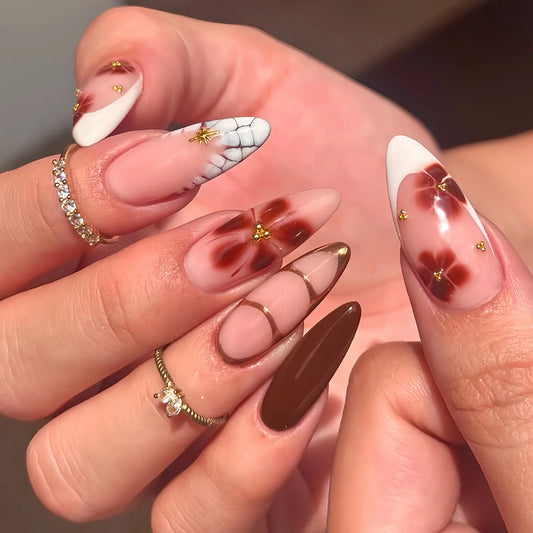 24pcs Simple French Fake Nails Sets Press on Starfish Pattern Yellow Long Almond Nails Tips Wearable Fashion False Nail Finished