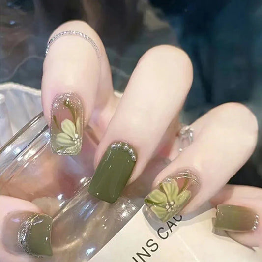 24pcs Short Square Press on Nails Tips Sweet Glitter Love Design Blue Ballet Fake Nail Art Nude Color False Nails Sets Finished