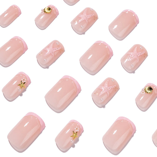 24Pcs Short French Press On Nails With Ocean element Design Summer False Nails INS Simple Nude Color Fake Nail Patches