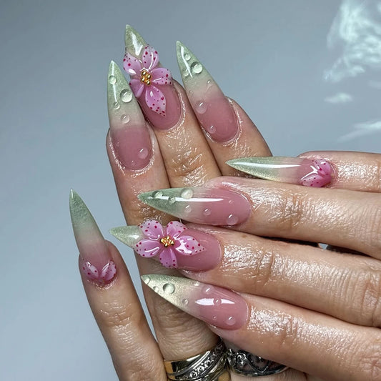3D Sakura French Ombre Cat-Eye Fake Nails 24 Pieces Elegant Design for Daily Use