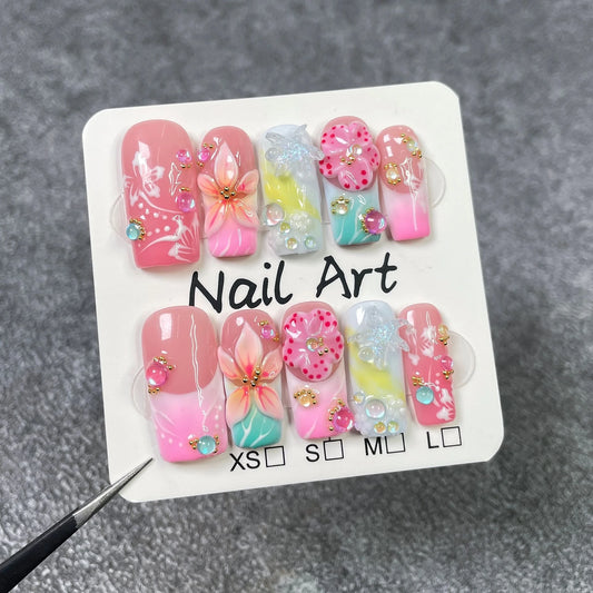 10Pcs French Gradient Handmade False Nails Light Luxury Sweet Coffin 3D Flower Starfish Designs Finished Manicure Acrylic Nails