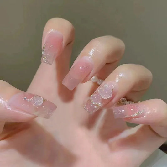 24pcs Short Ballet False Nails Sets Press on Wearable Rhinestone Design Pink Fake Nails Tips Starlight Square Press on Nails Art