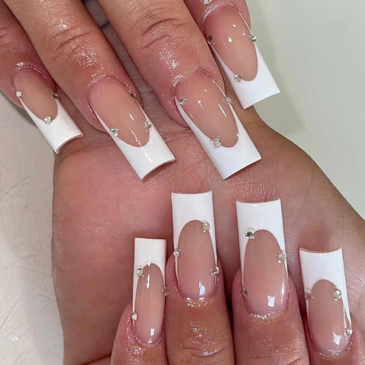 24Pcs Long Square Head False Nails 3D Cherry Bow Pearl Heart Stick on Nails Pink French Press on Nails Detachable Fake Nail Tip