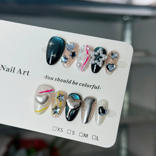 10pcs high-end Cartoon fun style, hand-drawn three-dimensional hearts, stars, flashing cat eyes, small pearls handmade fake nail