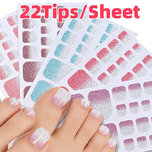 22Tips/Sheet Gradient Glitter Toe Nail Wraps Full Cover Self-Adhesive Toenail Stickers UV LED Need for Summer Beach Foot Decals