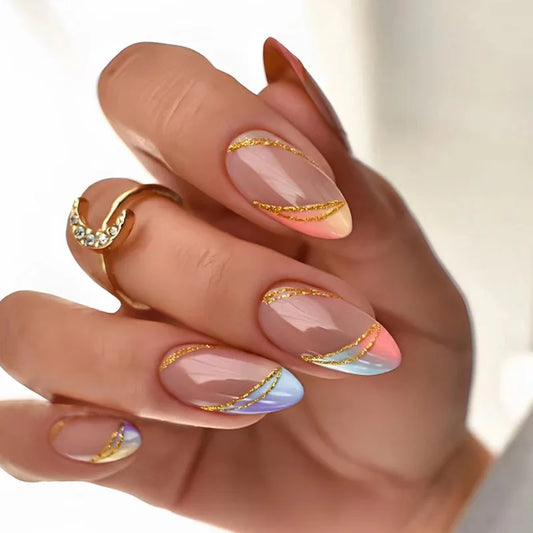 24pcs Almond Nails Sets Press on Shiny Powder Design Nails Cat's Eye False Nail Tips Starlight Flower Fake Nail Sets Finished