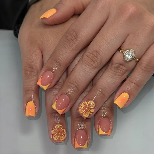 24pcs Finished Press on Nails Sets Flower Pattern Design Short Square Fake Nail Art Detachable Starlight Pearl False Nails Tips