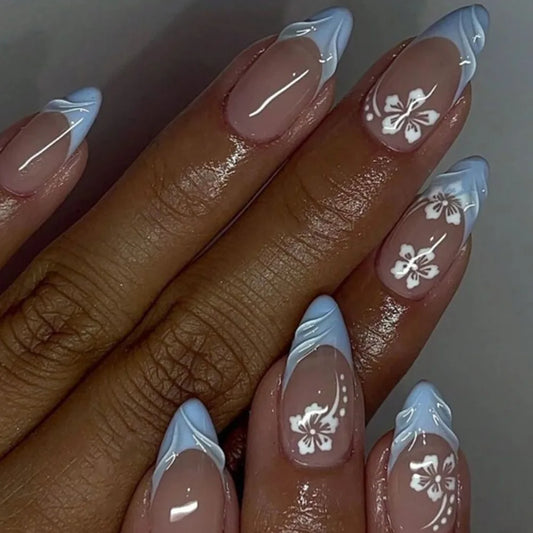24pcs Finished False Nails Sets Flower Blue Long Almond Press on Nails Art Pearl French Fake Nail Tips Wearable Full Cover Nail