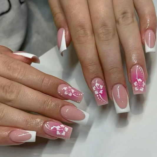 24Pcs Mid-length Square Head Press on False Nails White Shiny Powder French Fake Nails Flower Detachable Full Cover Nails Tips