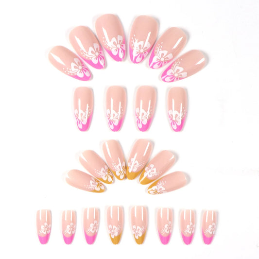 24PCS Pink Pressing Short Almond Fake Nail White Flower Design Cute Hibiscus Flower Nail Full Coverage Acrylic Nail Nail Art