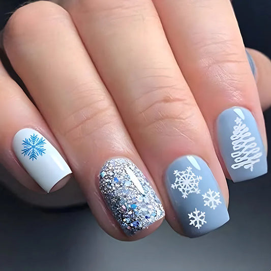 24pcs Glitter Snowflake Full Cover Nail Tips Christmas Tree Pink Short Square False Nails Bow Press on Nails Wearable Fake Nail