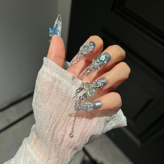 Glacier Blue Gradient Press On Nails Icy Crystal Design 3D Diamond Flower Chain Charms Luxury Glam Nail Art for Parties Events