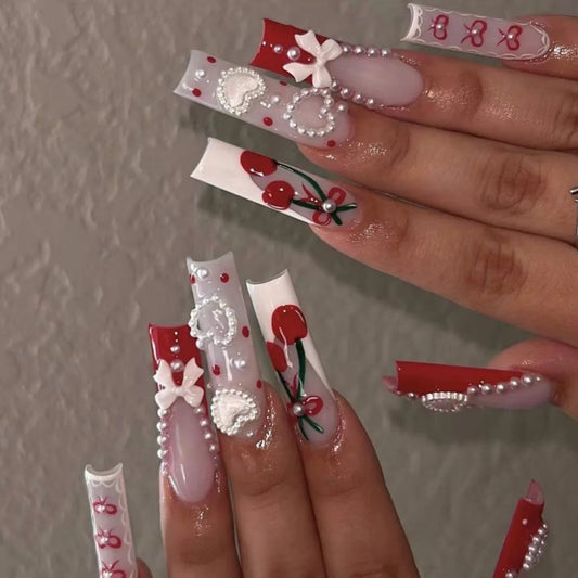 24Pcs Long Square Head French Fake Nails Rhinestone Reusable Press on False Nails with 3D Flower Butterfly Full Cover Nails Tips