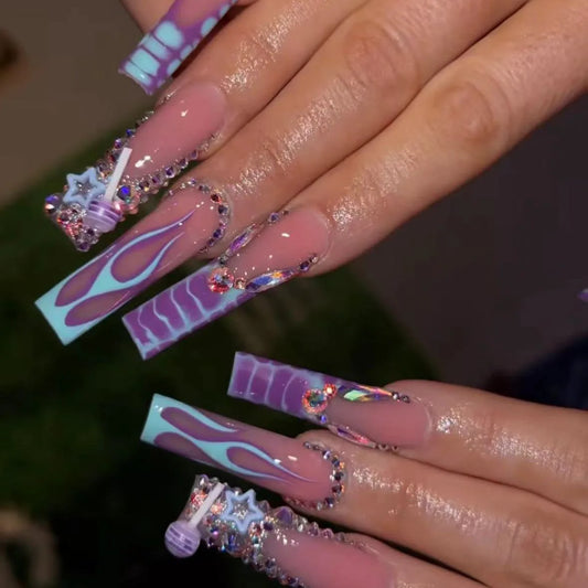 24pcs Extra Long Press on Nails Colorful Leopard Print French Tips Fake Nail Diamond Bow Design Nude Square Coffin False Nail